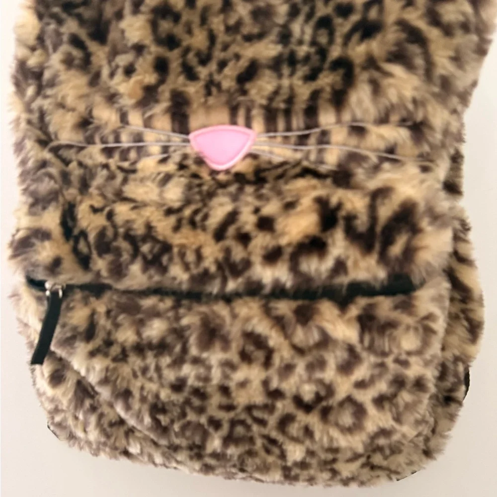 Faux Fur Leopard Kids Backpack with Pink Nose Accent